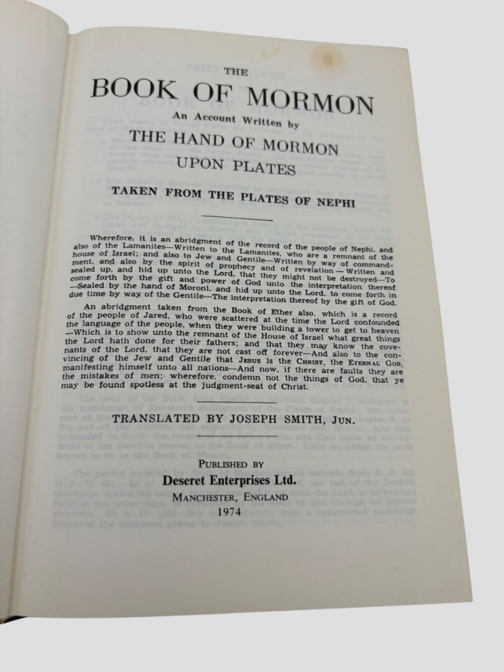 1974 Book of Mormon Joseph Smith Deseret Enterprises Manchester England Hardback
